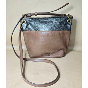 Fossil Leather Crossbody Bag Brown Metallic Trim Adjustable Strap Boho Casual